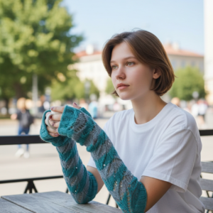 Hand-Knitted Long Fingerless Gloves in Turquoise Tones