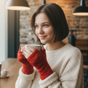 Hand-Knitted Fingerless Gloves in Warm Red Tone