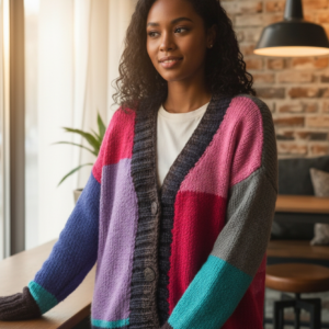 Hand-Knitted Colour Block Cardigan – Unique & Cosy